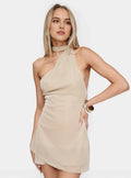 Beige Shimmer Halter Neck Dress One Shoulder Backless Form Fitting, Ideal for Memorable Homecoming Occasions