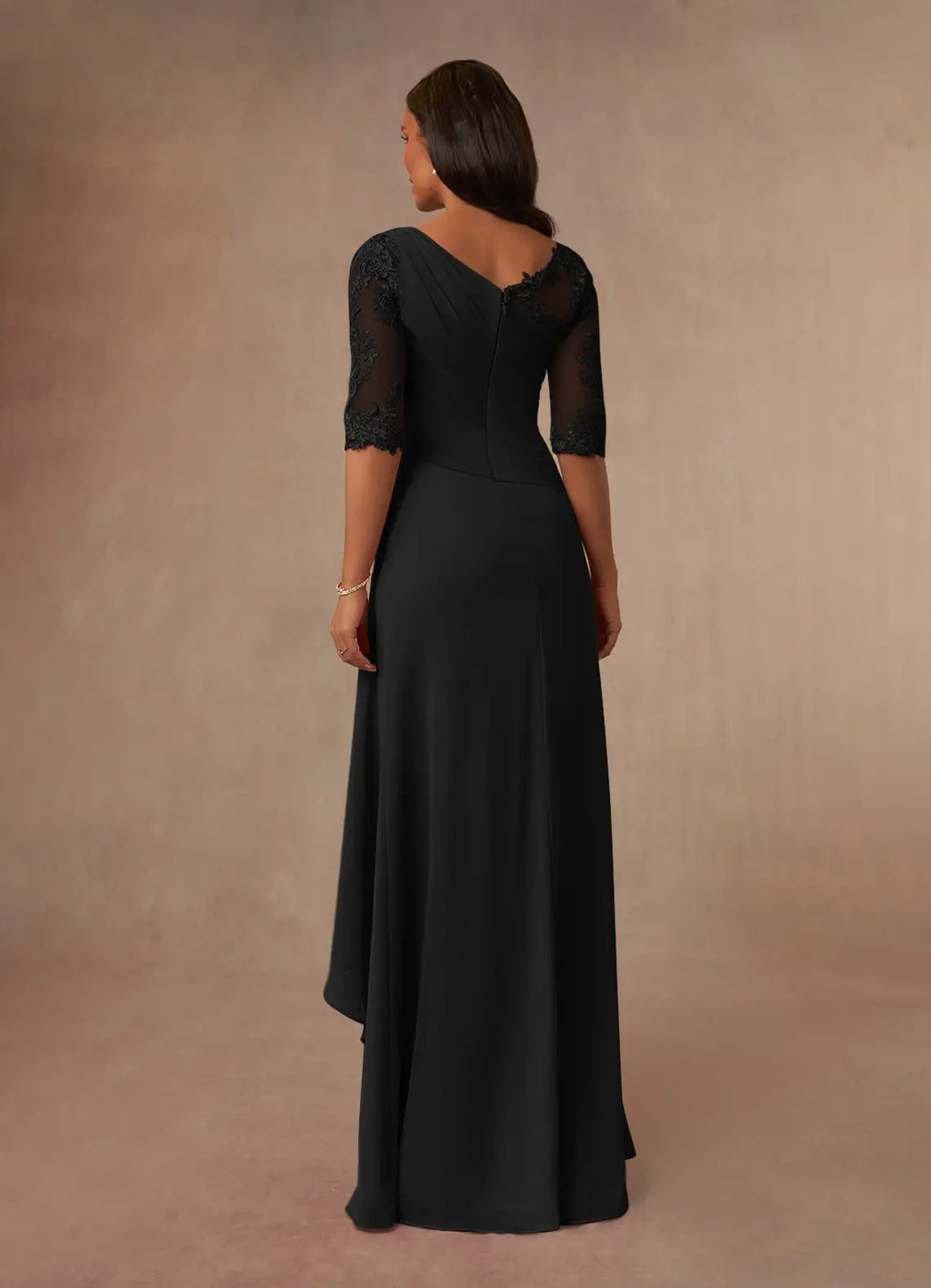 Black A-Line Boatneck Mother of the Bride Dress with Sheer Sleeves Asymmetric Draping, and Ruffled Side Detail