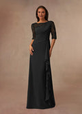 Black A-Line Boatneck Mother of the Bride Dress with Sheer Sleeves Asymmetric Draping, and Ruffled Side Detail