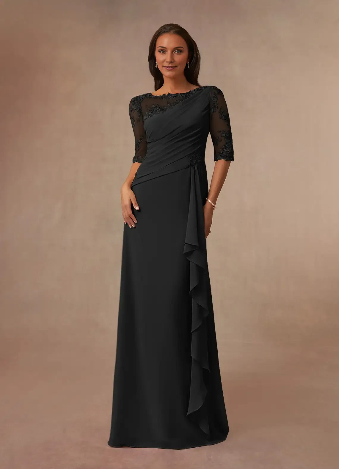 Black A-Line Boatneck Mother of the Bride Dress with Sheer Sleeves Asymmetric Draping, and Ruffled Side Detail