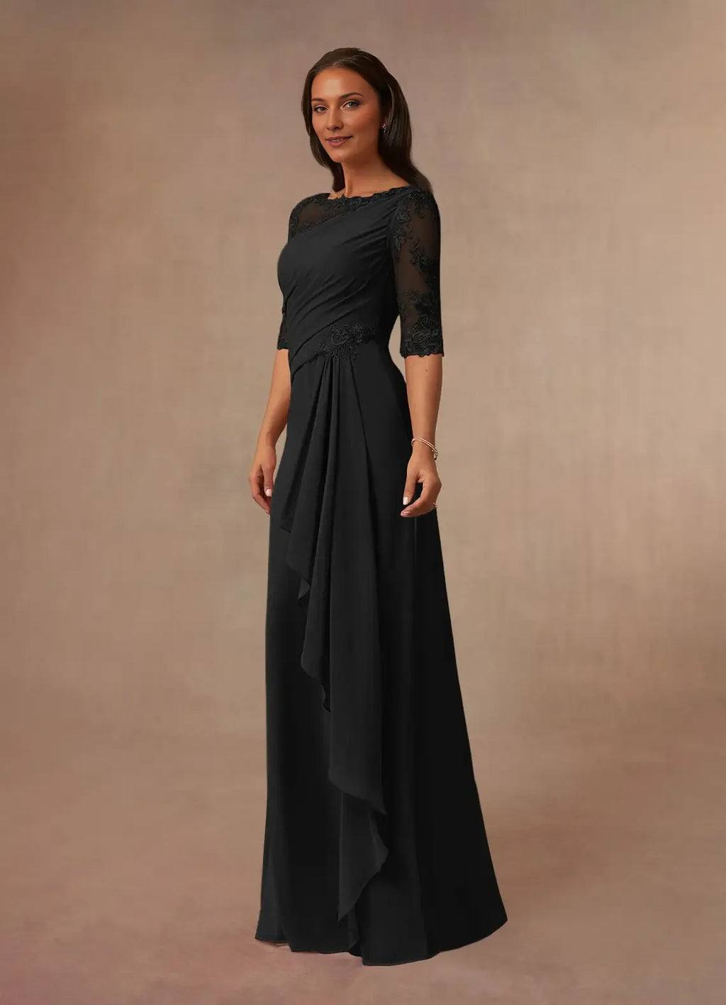 Black A-Line Boatneck Mother of the Bride Dress with Sheer Sleeves Asymmetric Draping, and Ruffled Side Detail