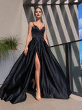 Black A-Line Deep V-Neck Spaghetti Straps Back Zip Ruffles Floor-Length High Slit Prom Dresses