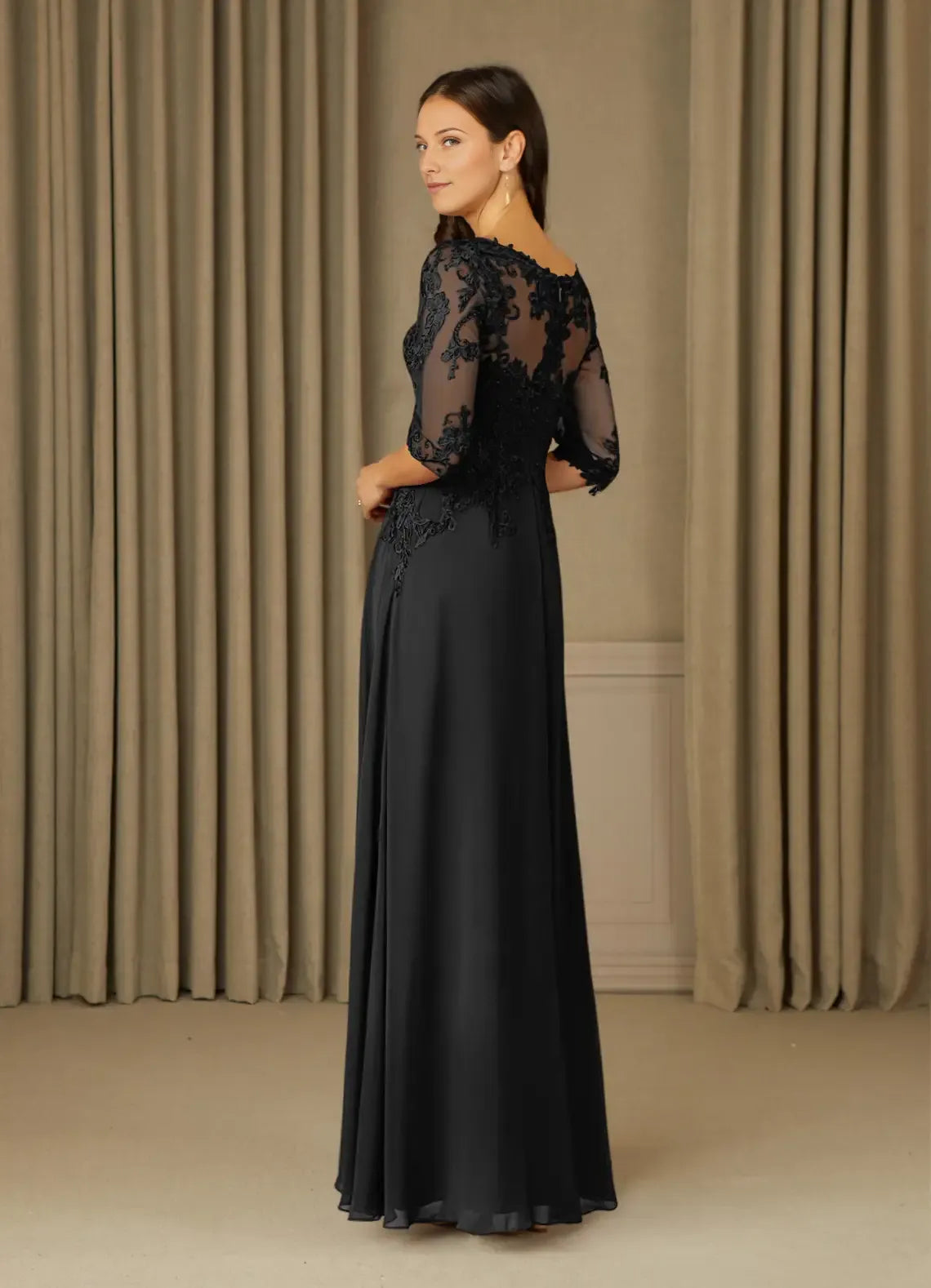 Black A-Line Mother of the Bride Dress with Illusion Neckline Appliqués 3/4 Sleeves and Flowy Maxi Skirt