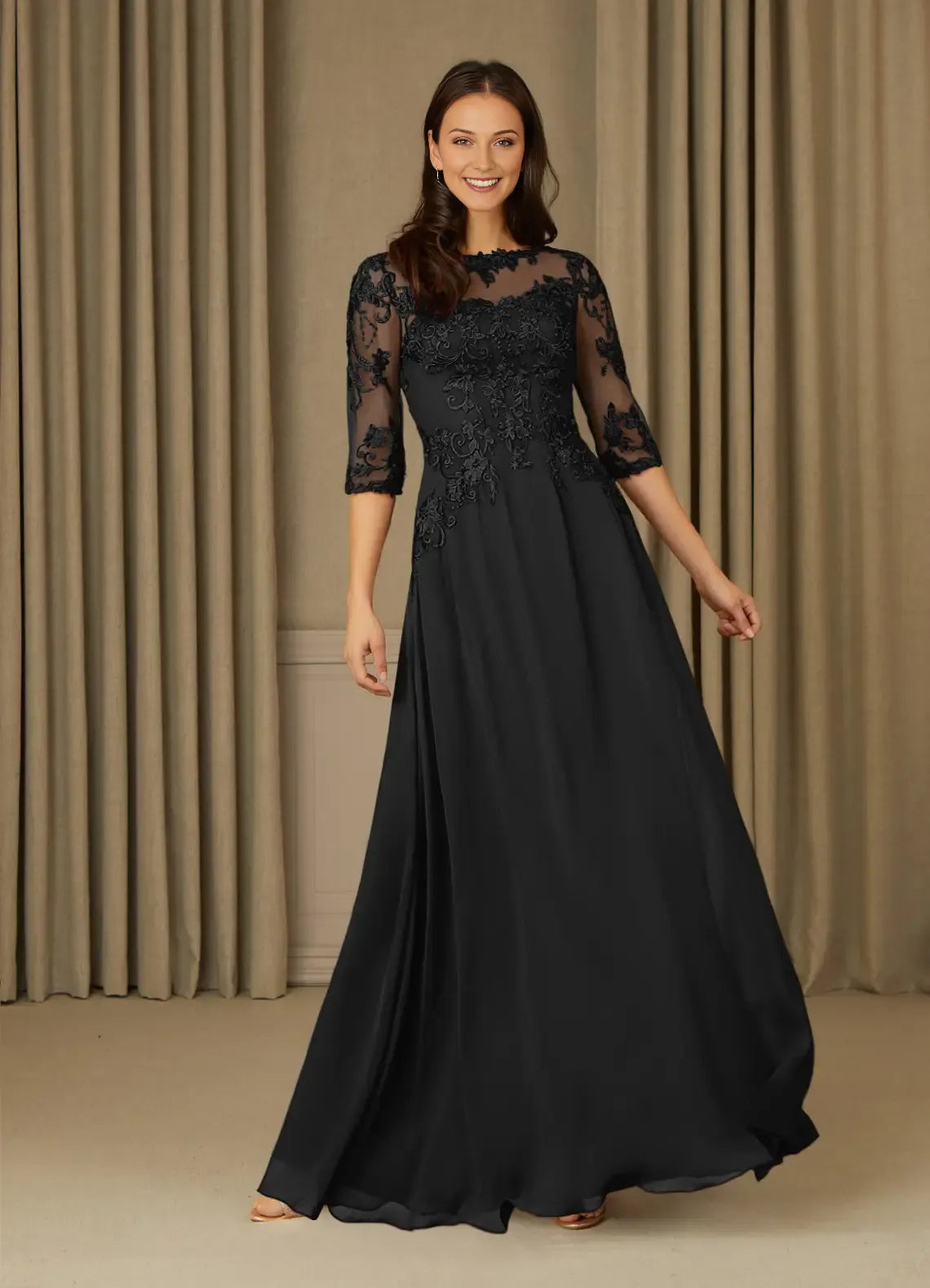 Black A-Line Mother of the Bride Dress with Illusion Neckline Appliqués 3/4 Sleeves and Flowy Maxi Skirt