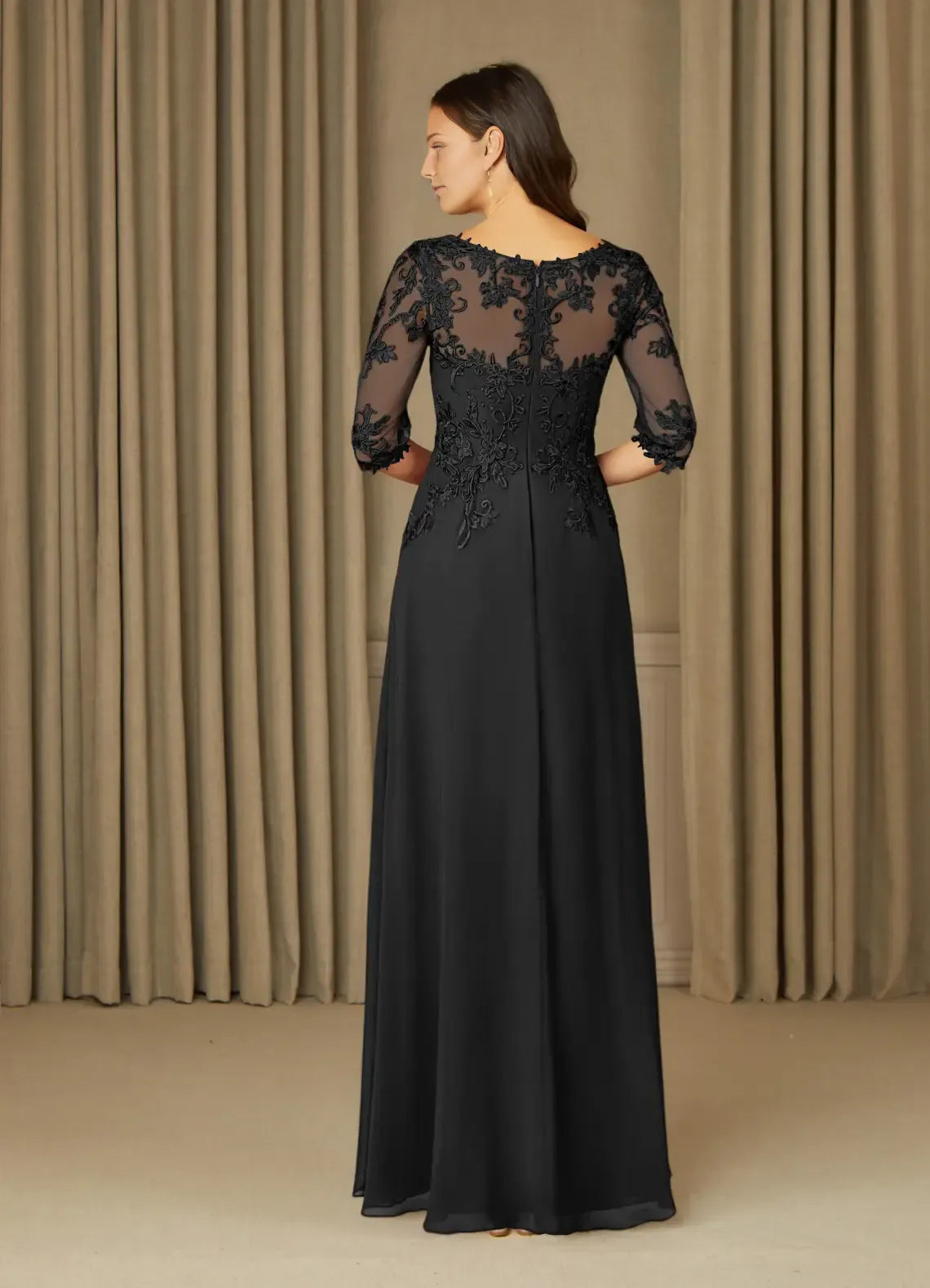 Black A-Line Mother of the Bride Dress with Illusion Neckline Appliqués 3/4 Sleeves and Flowy Maxi Skirt
