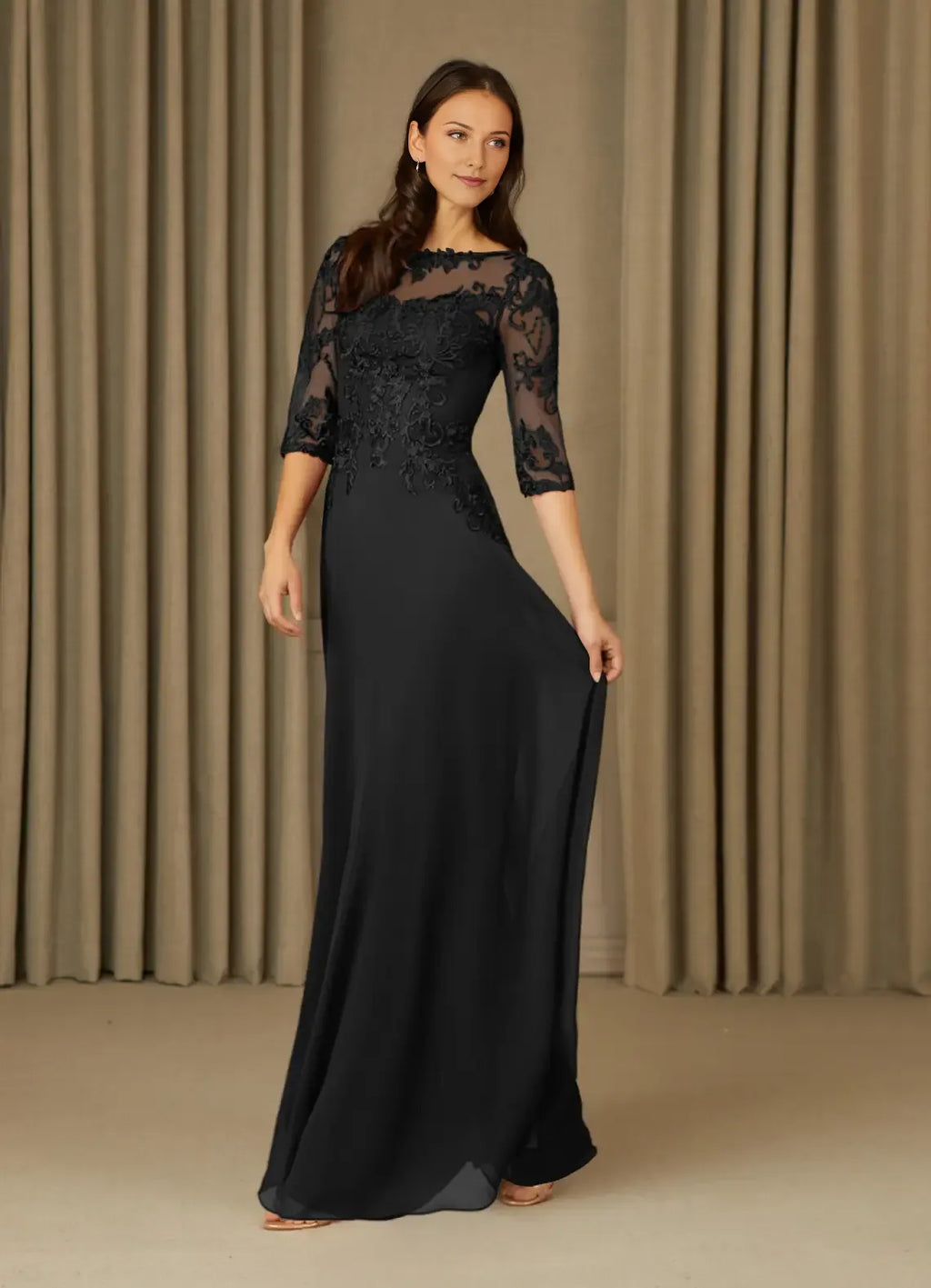 Black A-Line Mother of the Bride Dress with Illusion Neckline Appliqués 3/4 Sleeves and Flowy Maxi Skirt