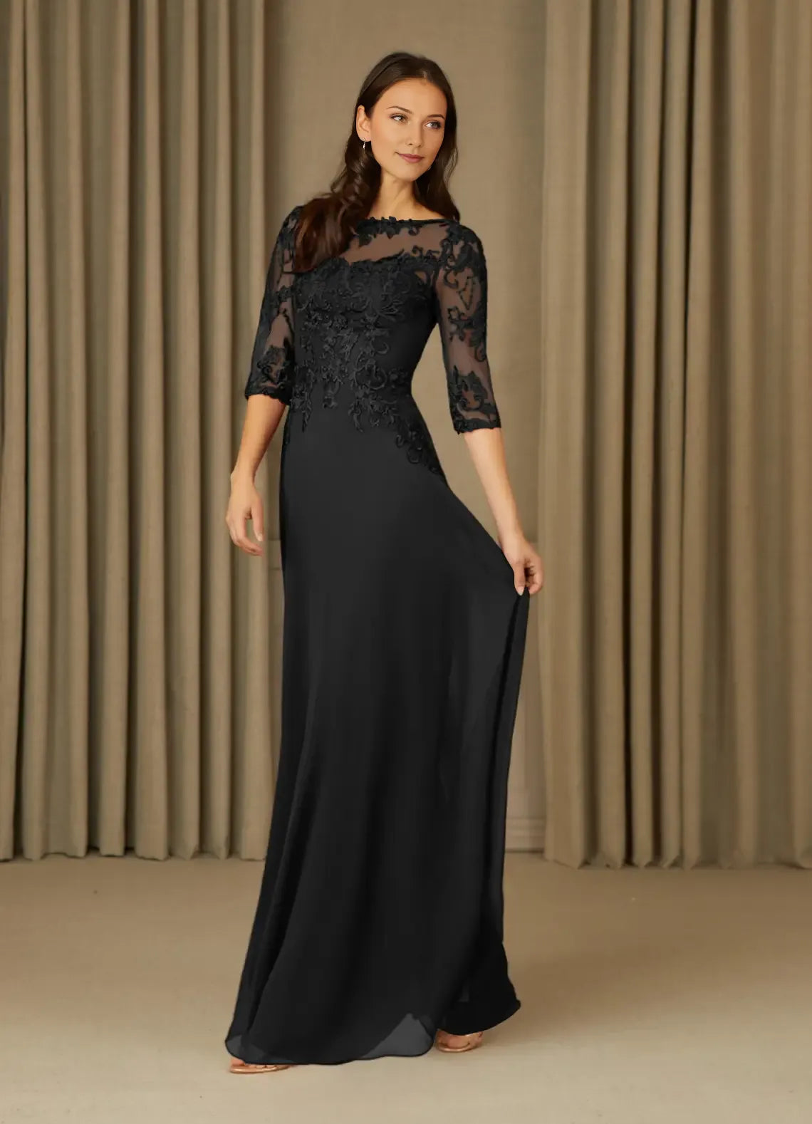 Black A-Line Mother of the Bride Dress with Illusion Neckline Appliqués 3/4 Sleeves and Flowy Maxi Skirt
