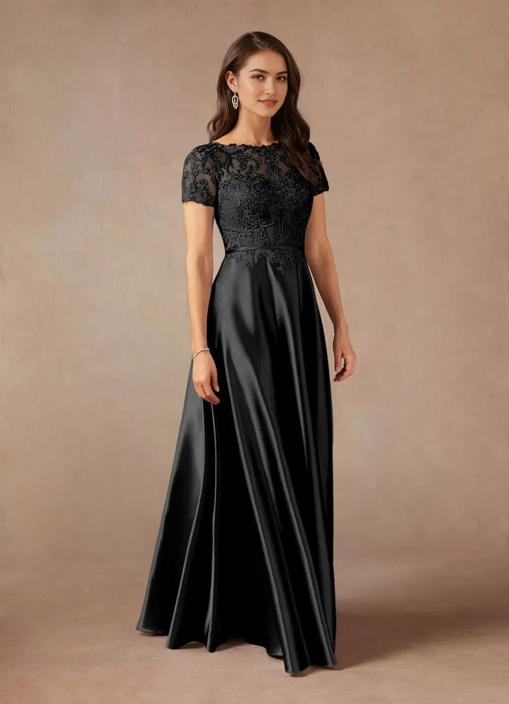 Black A-Line Metallic short sleeves Mother of the Bride Dresses Bodice