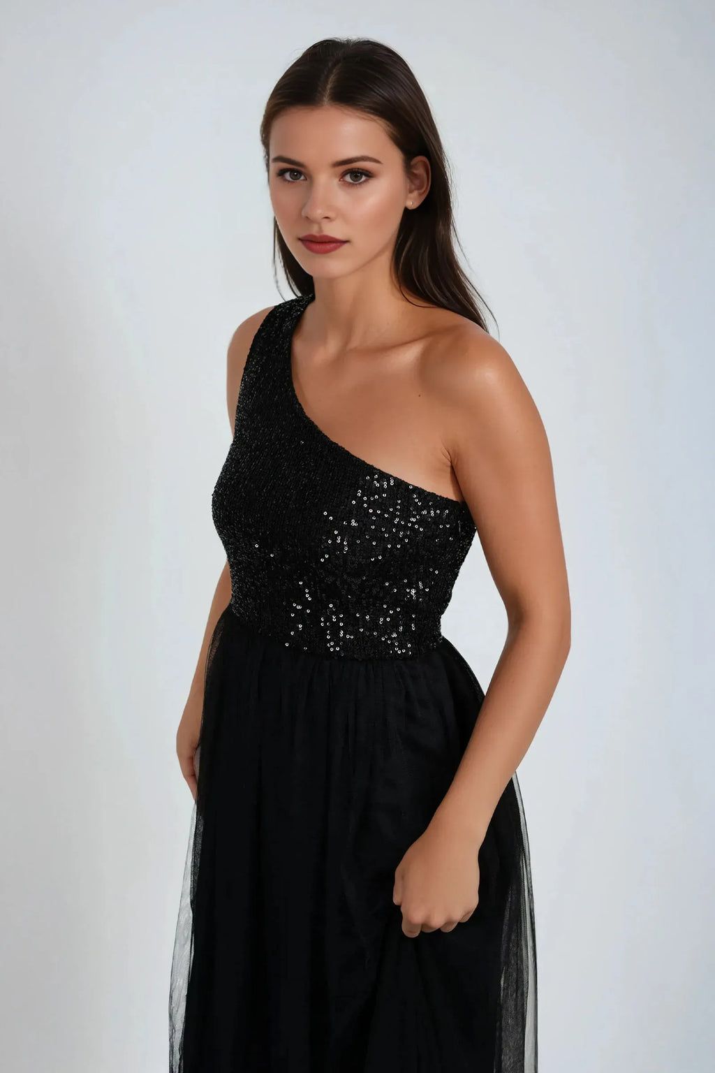 Black A-Line One-Shoulder Sleeveless Sequin-Embellished Side Invisible Zipper Floor-Length Prom Dresses