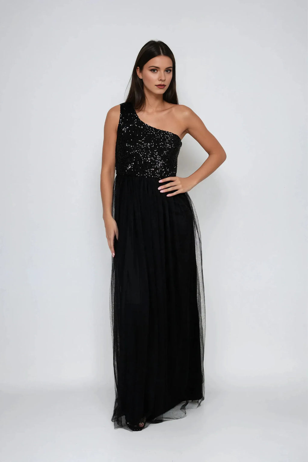 Black A-Line One-Shoulder Sleeveless Sequin-Embellished Side Invisible Zipper Floor-Length Prom Dresses