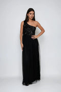 Black A-Line One-Shoulder Sleeveless Sequin-Embellished Side Invisible Zipper Floor-Length Prom Dresses
