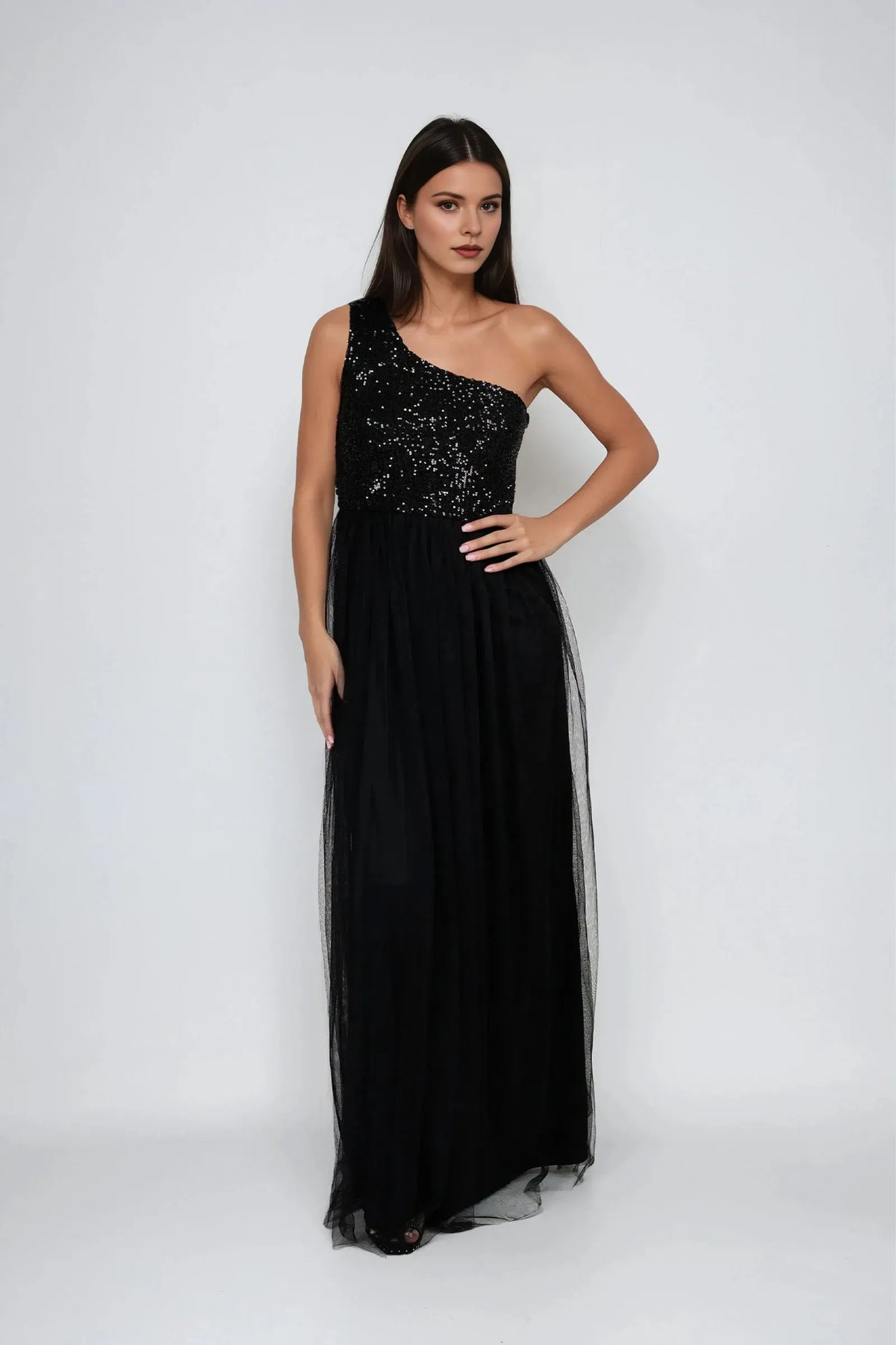 Elegant Black Sequin A-Line One-Shoulder Sleeveless Classic-Back Floor-Length Prom Dress