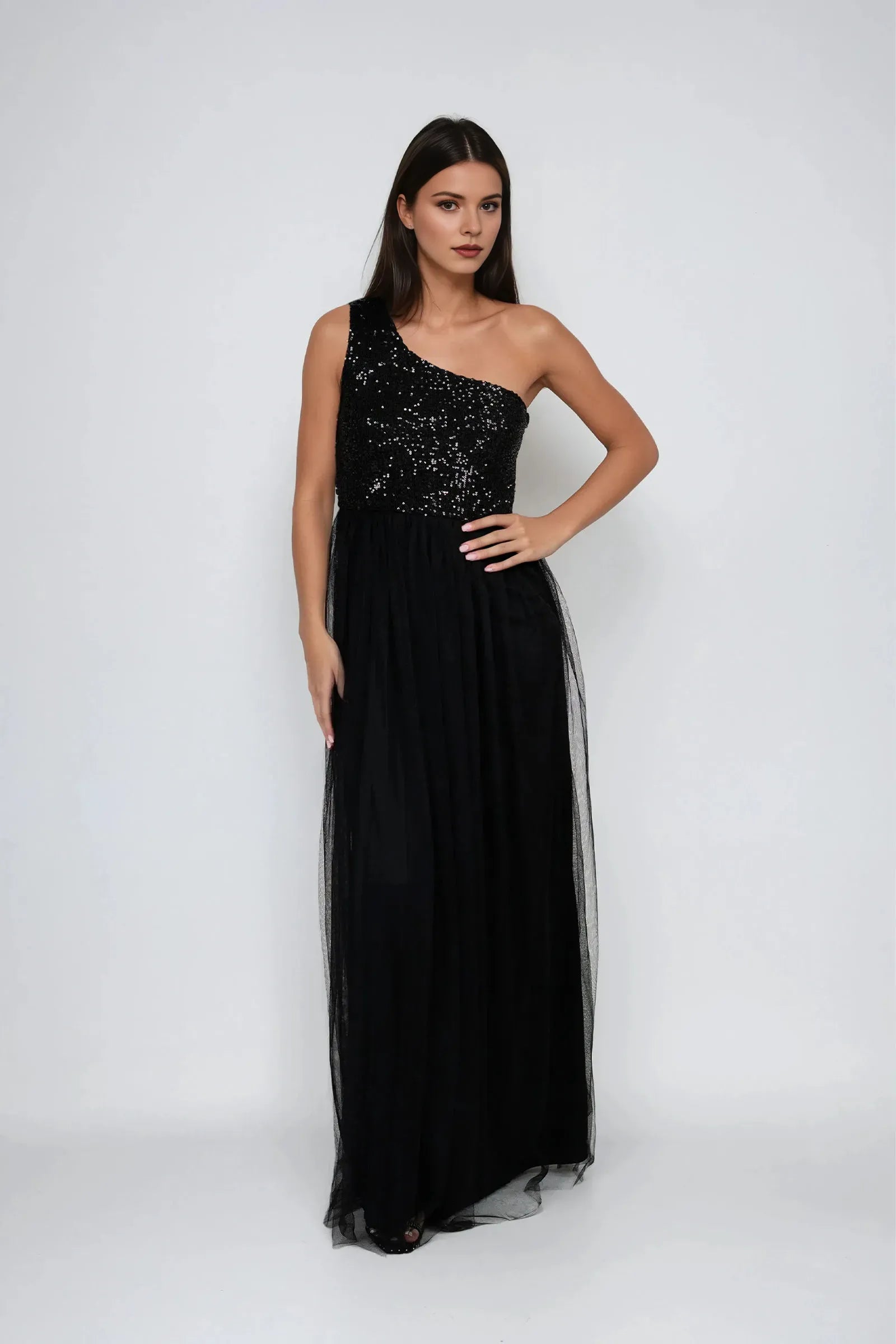 Black A-Line One-Shoulder Sleeveless Sequin-Embellished Side Invisible Zipper Floor-Length Prom Dresses