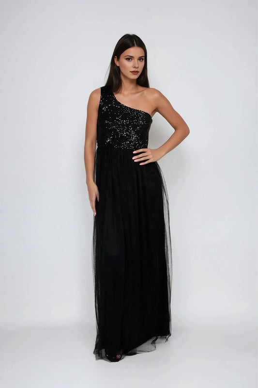 Elegant Black Sequin A-Line One-Shoulder Sleeveless Classic-Back Floor-Length Prom Dress