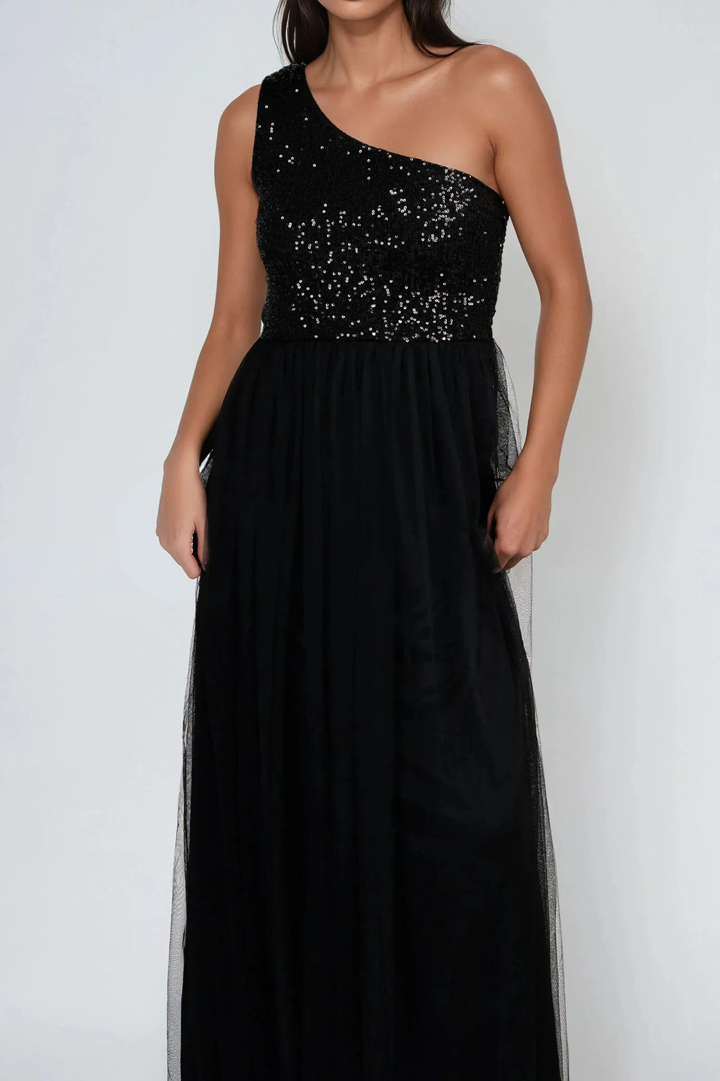 Black A-Line One-Shoulder Sleeveless Sequin-Embellished Side Invisible Zipper Floor-Length Prom Dresses