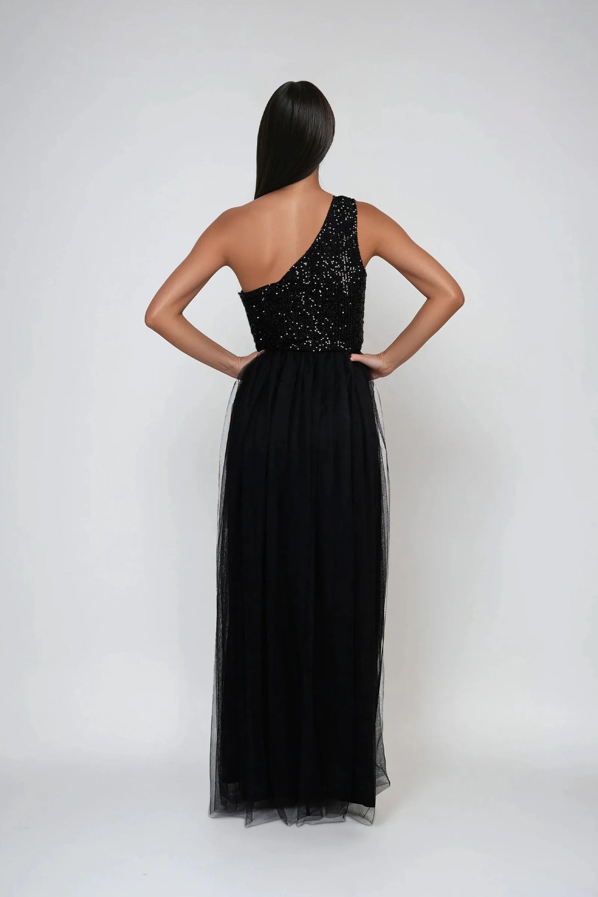 Black A-Line One-Shoulder Sleeveless Sequin-Embellished Side Invisible Zipper Floor-Length Prom Dresses
