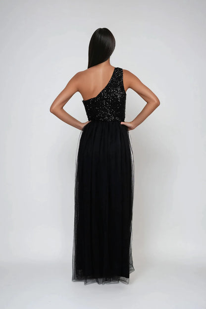 Elegant Black Sequin A-Line One-Shoulder Sleeveless Classic-Back Floor-Length Prom Dress