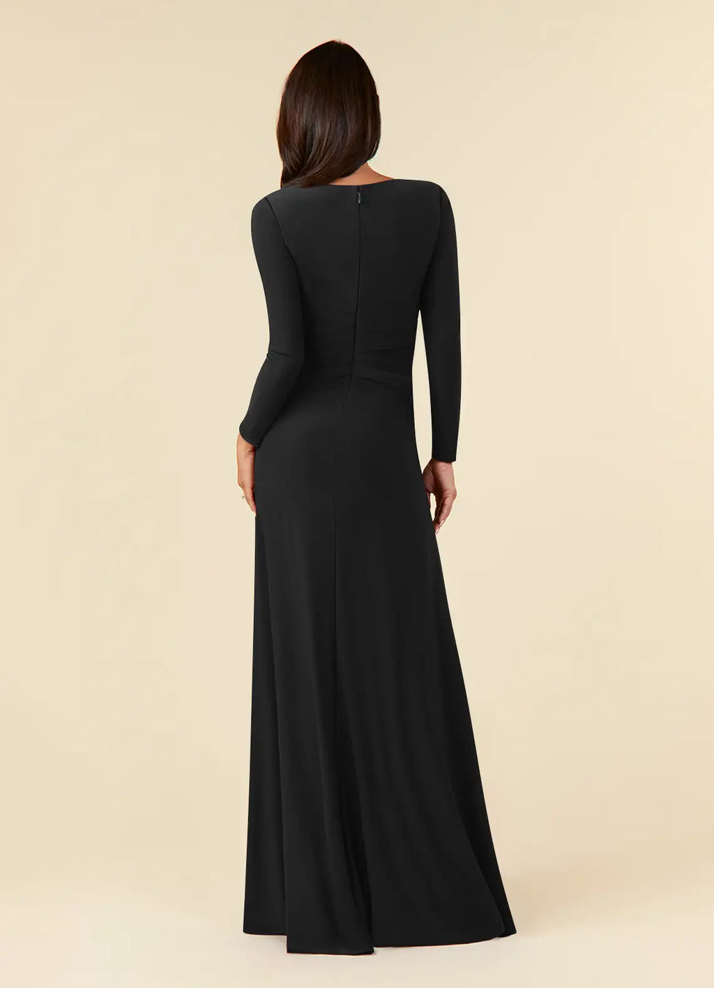 Black A-Line Pleated Luxe Mother of the Bride Dress with Long Sleeves Keyhole Neckline and Ruched Twist Waist Detailing