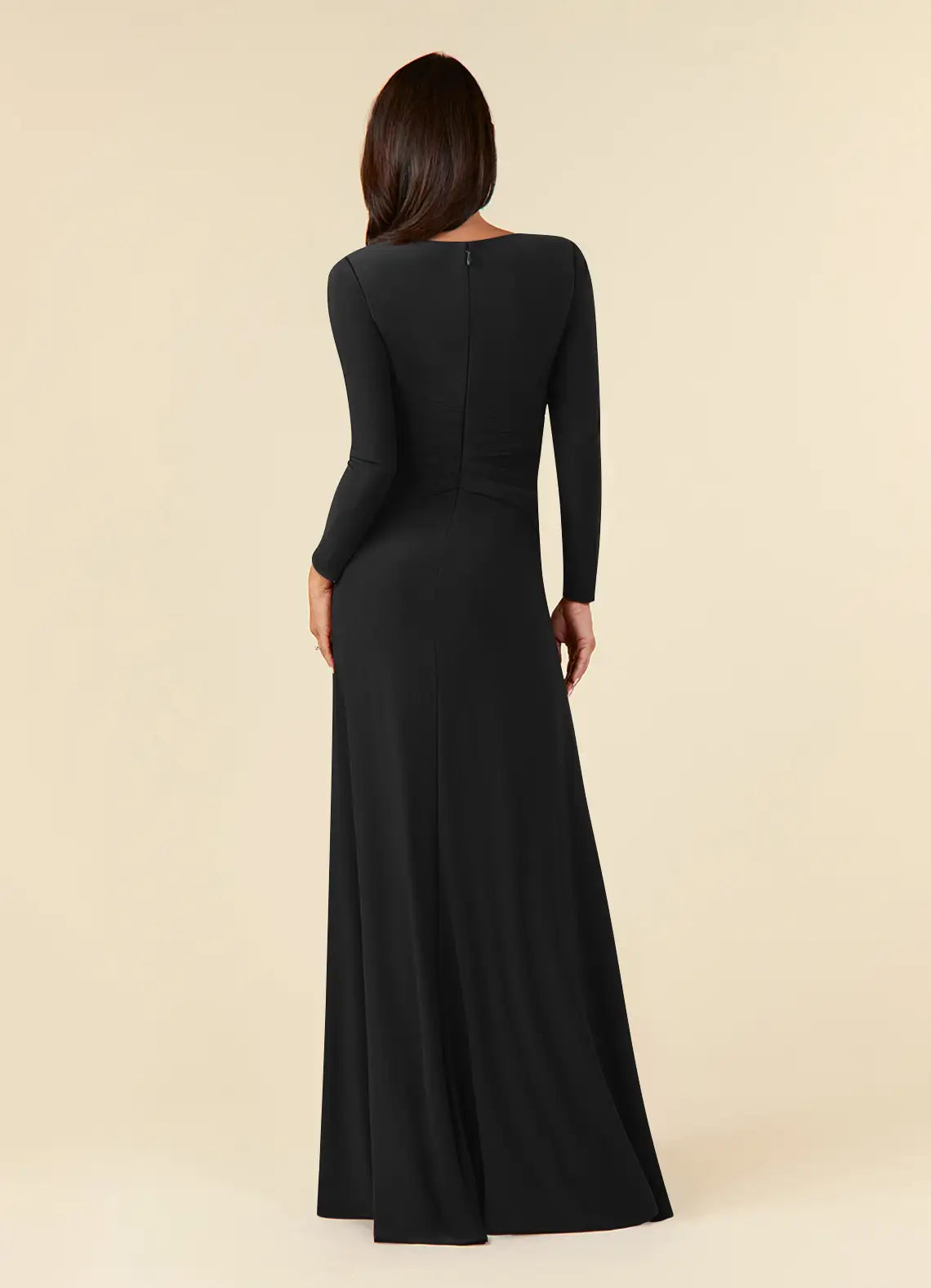 Black A-Line Pleated Luxe Mother of the Bride Dress with Long Sleeves Keyhole Neckline and Ruched Twist Waist Detailing