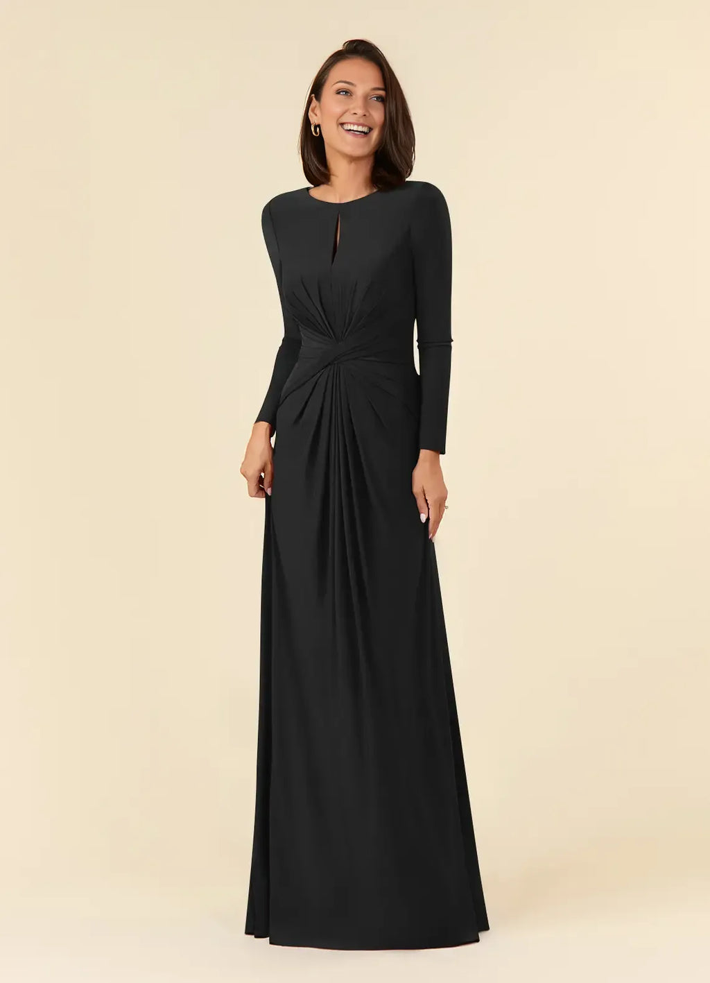 Black A-Line Pleated Luxe Mother of the Bride Dress with Long Sleeves Keyhole Neckline and Ruched Twist Waist Detailing