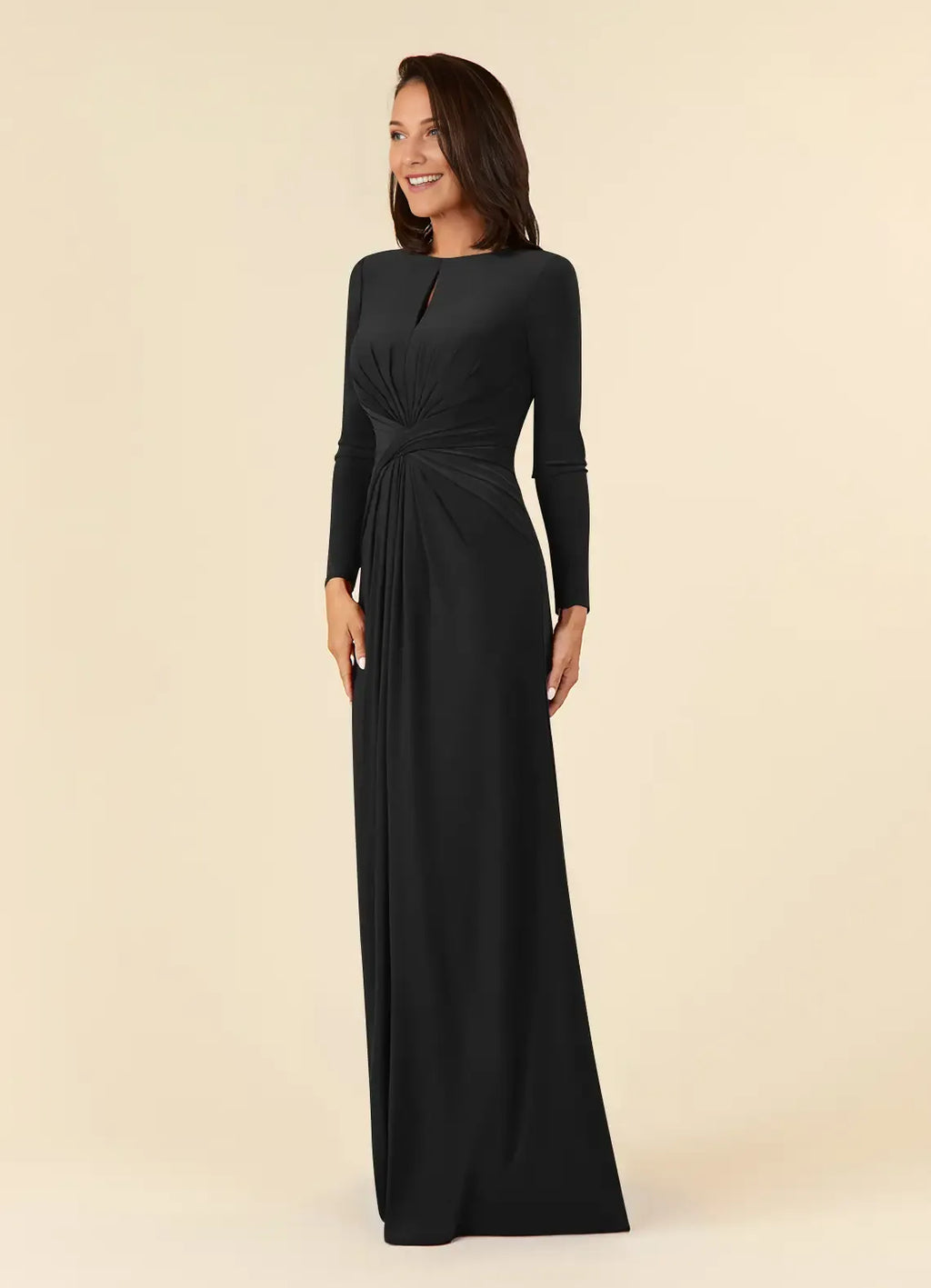 Black A-Line Pleated Luxe Mother of the Bride Dress with Long Sleeves Keyhole Neckline and Ruched Twist Waist Detailing