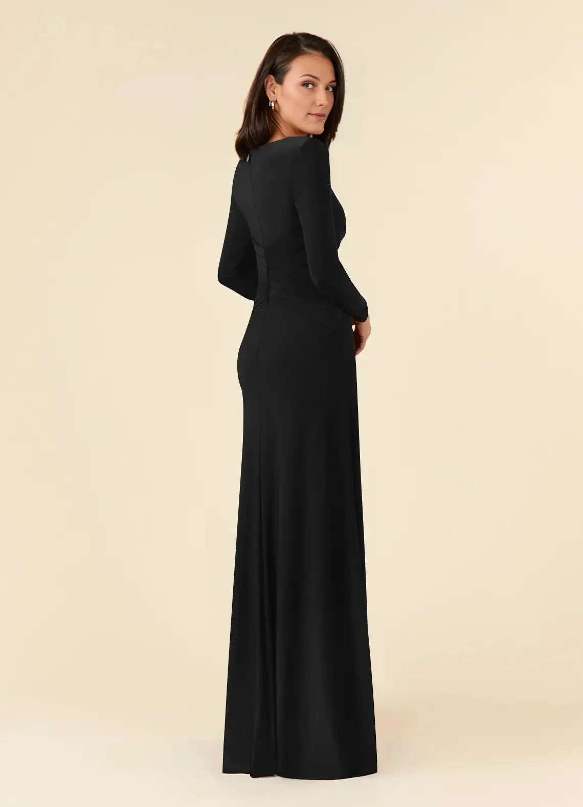 Black A-Line Pleated Luxe Mother of the Bride Dress with Long Sleeves Keyhole Neckline and Ruched Twist Waist Detailing