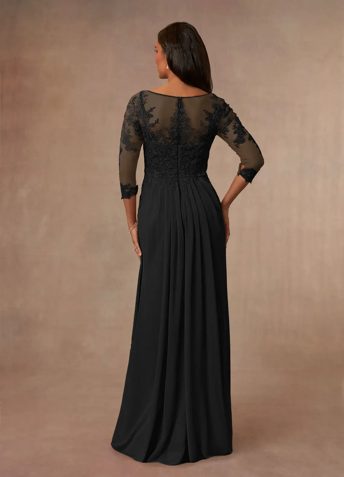 Black A-Line Scoop Mother of the Bride Dress Illusion Neckline Bodice Sheer 3/4 Sleeves Asymmetric Ruffled Skirt