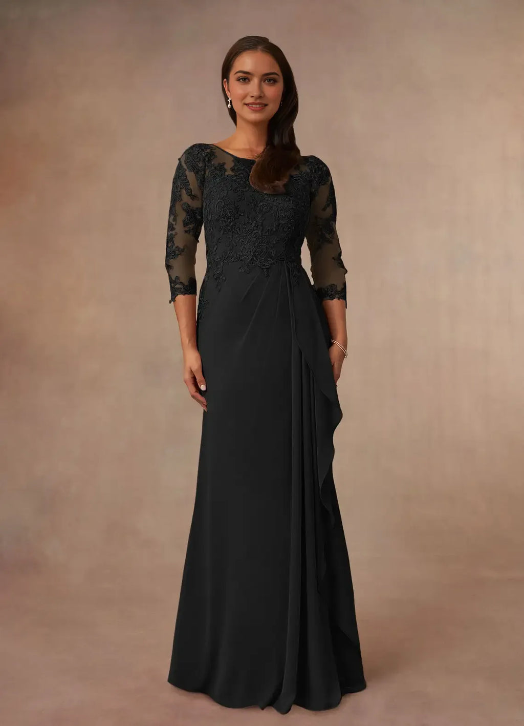 Black A-Line Scoop Mother of the Bride Dress Illusion Neckline Bodice Sheer 3/4 Sleeves Asymmetric Ruffled Skirt