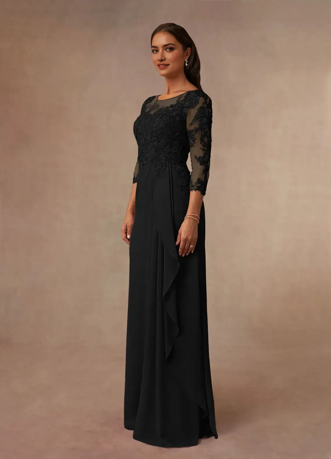 Black A-Line Scoop Mother of the Bride Dress Illusion Neckline Bodice Sheer 3/4 Sleeves Asymmetric Ruffled Skirt
