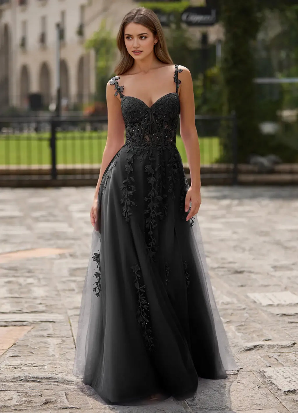 Black A-Line Sweetheart Neck Sleeveless Floral Sweep Train Prom Dress with Beading