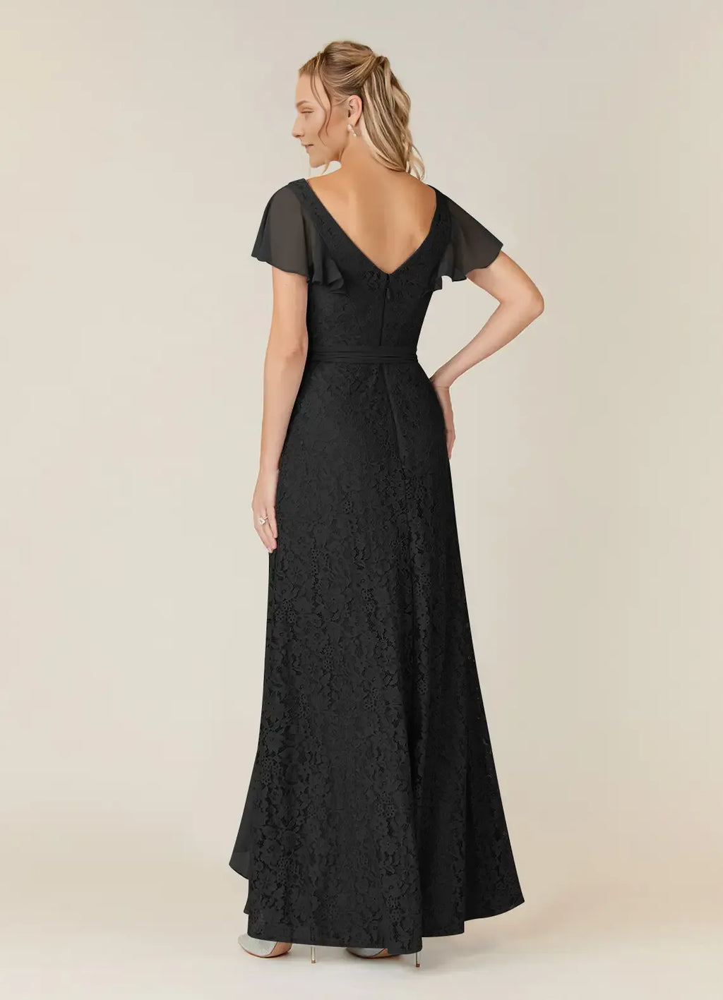 Black A-Line V-Neck Mother of the Bride Dress with Flutter Sleeves line Waist Tie and Asymmetric Ruffled Hem for Formal Occasions