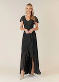 Black A-Line V-Neck Mother of the Bride Dress with Flutter Sleeves line Waist Tie and Asymmetric Ruffled Hem for Formal Occasions