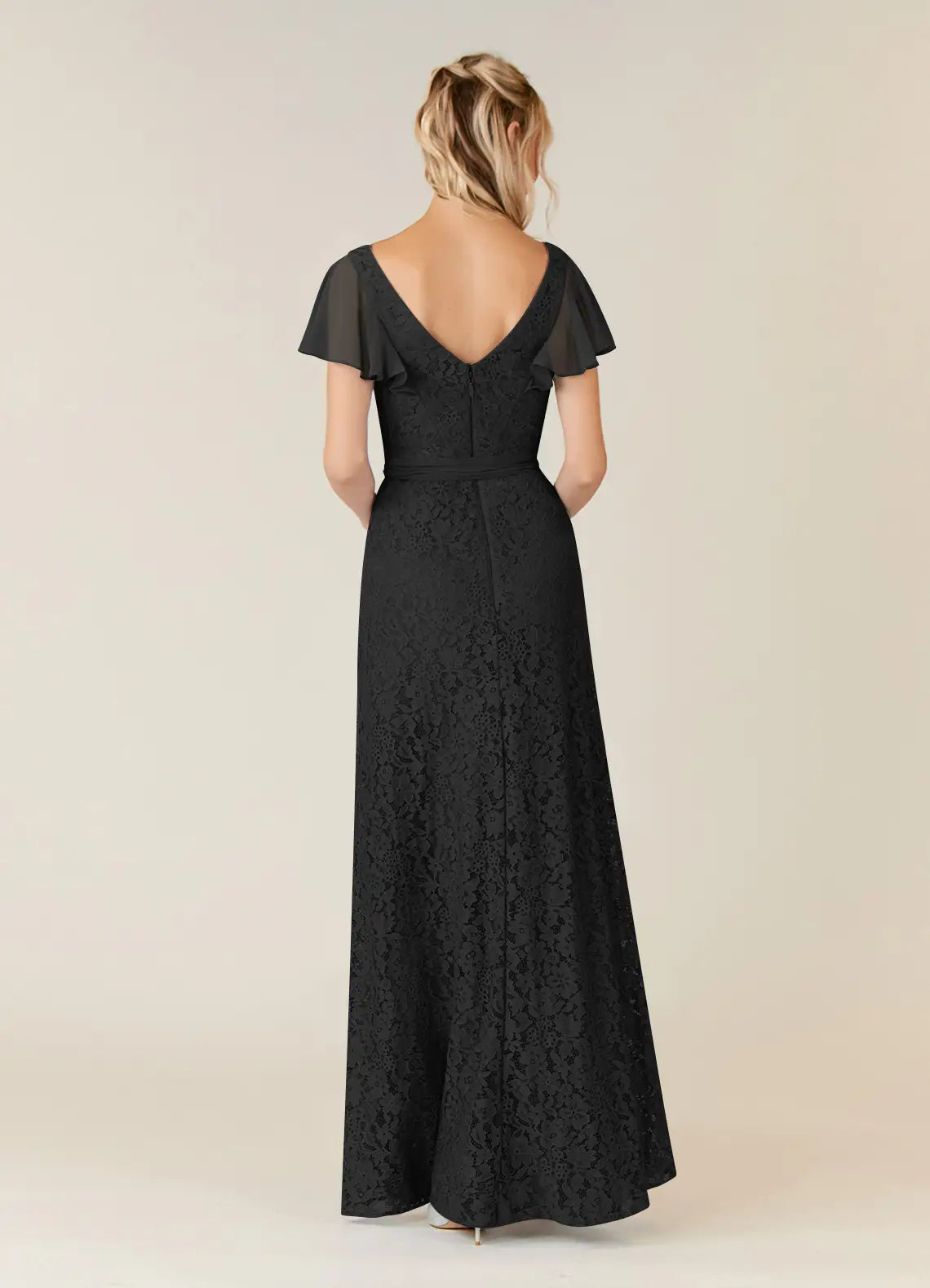 Black A-Line V-Neck Mother of the Bride Dress with Flutter Sleeves line Waist Tie and Asymmetric Ruffled Hem for Formal Occasions