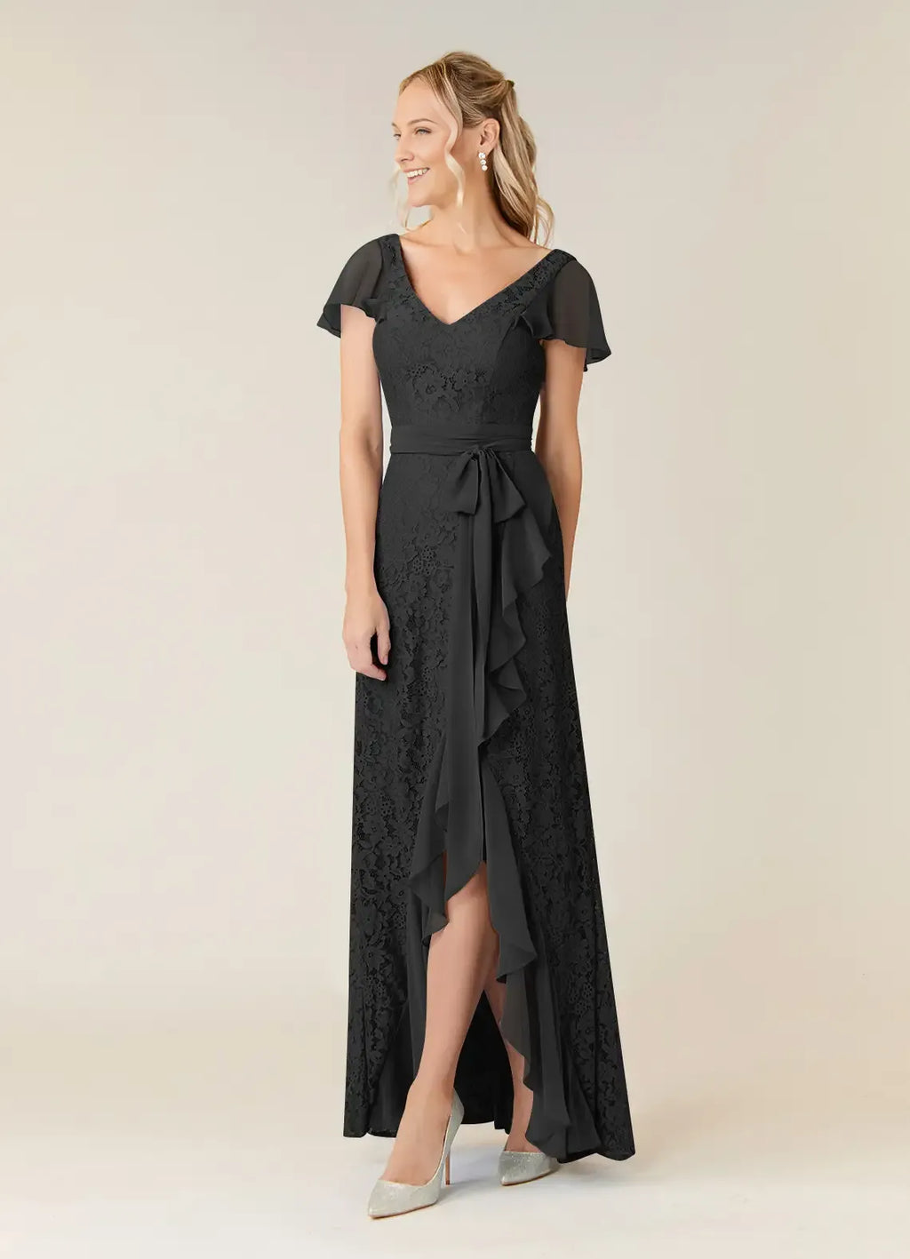 Black A-Line V-Neck Mother of the Bride Dress with Flutter Sleeves line Waist Tie and Asymmetric Ruffled Hem for Formal Occasions