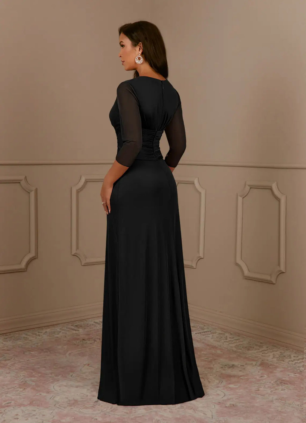 Black A-Line V-Neck Pleated Mother of the Bride Dress V - Neck Sheer 3/4 Sleeves Ruched BodiceAsymmetric Flowy Skirt