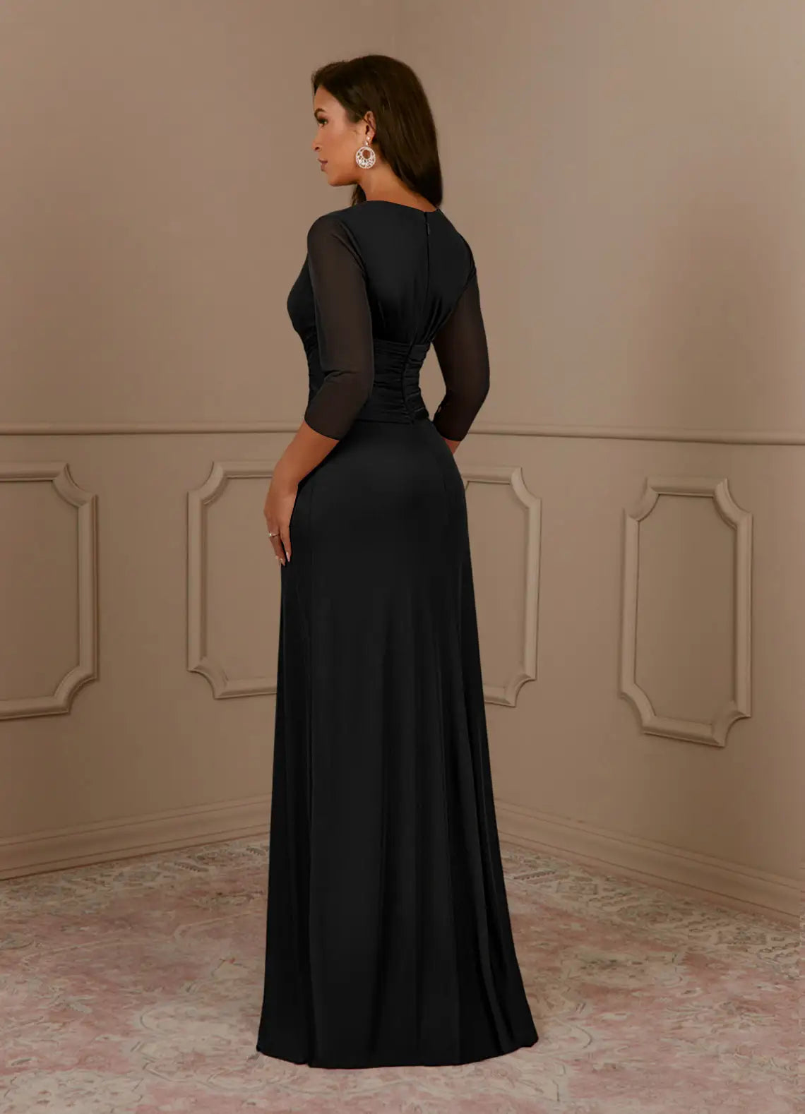 Black A-Line V-Neck Pleated Mother of the Bride Dress V - Neck Sheer 3/4 Sleeves Ruched BodiceAsymmetric Flowy Skirt