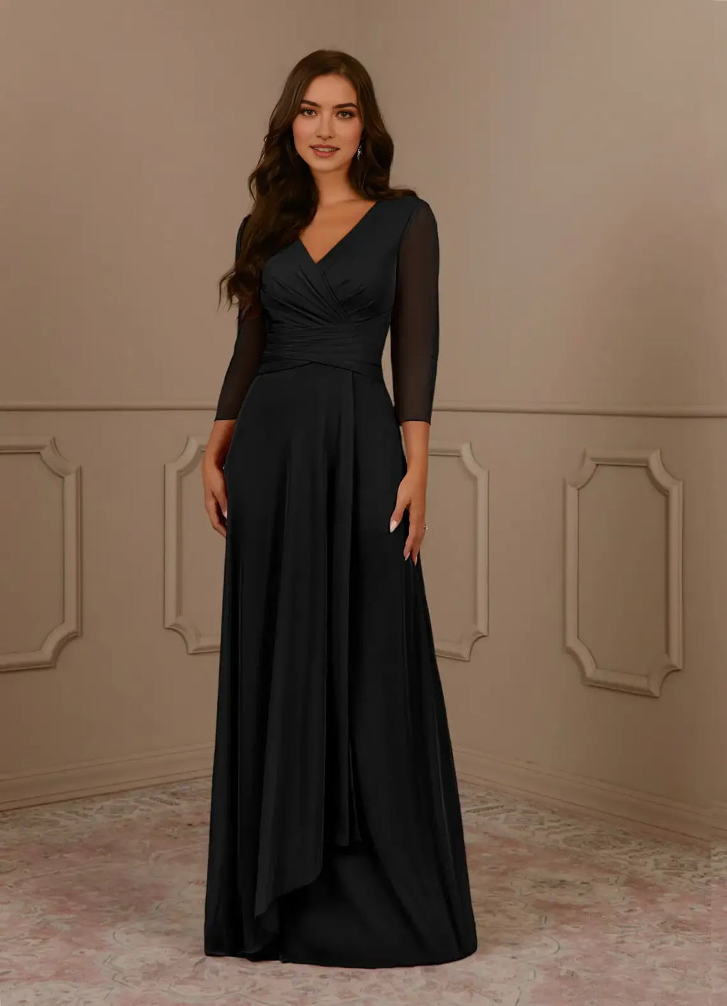 Black A-Line V-Neck Pleated Mother of the Bride Dress V - Neck Sheer 3/4 Sleeves Ruched BodiceAsymmetric Flowy Skirt
