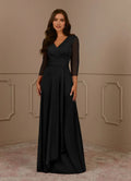 Black A-Line V-Neck Pleated Mother of the Bride Dress V - Neck Sheer 3/4 Sleeves Ruched BodiceAsymmetric Flowy Skirt