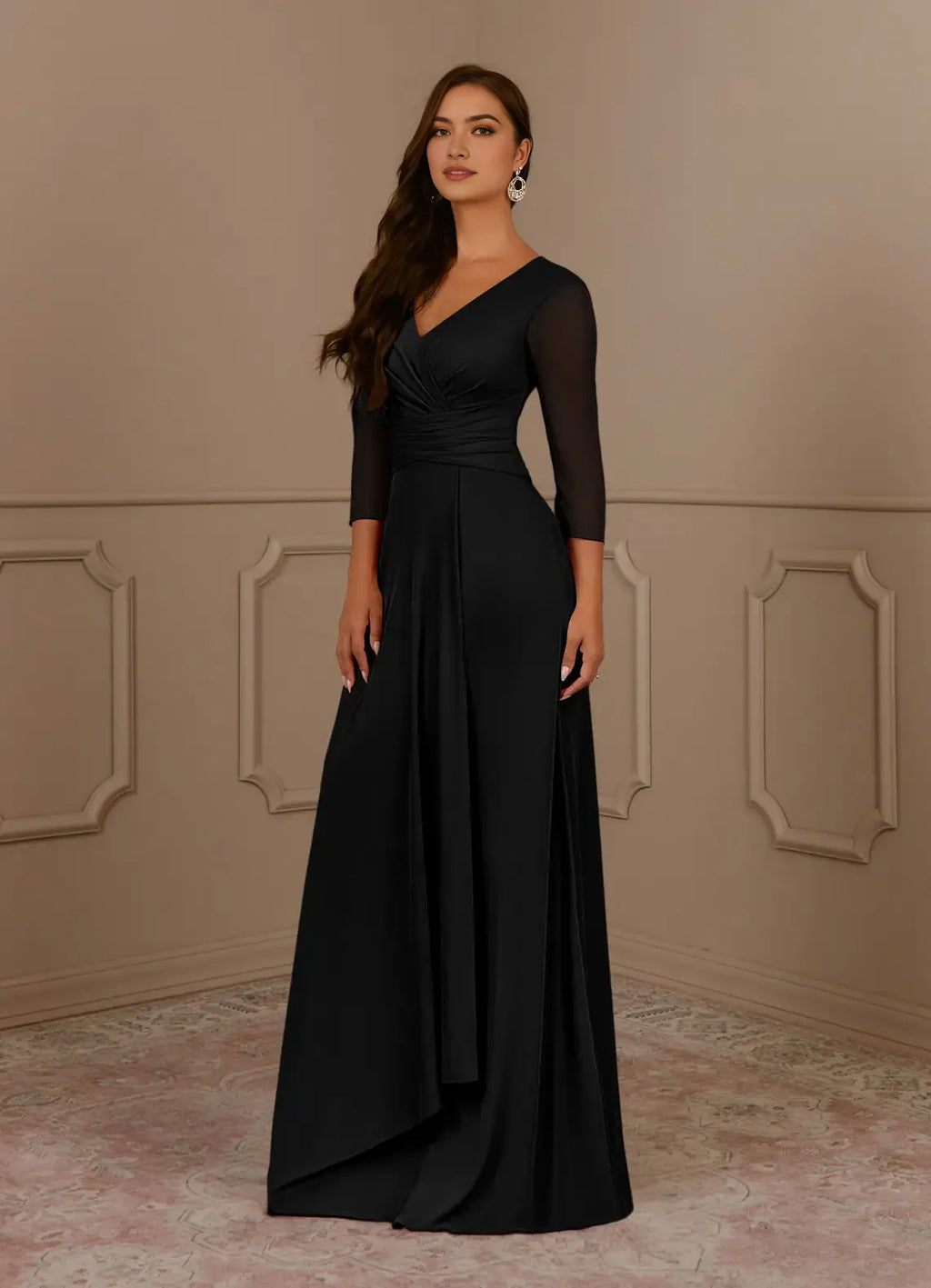 Black A-Line V-Neck Pleated Mother of the Bride Dress V - Neck Sheer 3/4 Sleeves Ruched BodiceAsymmetric Flowy Skirt