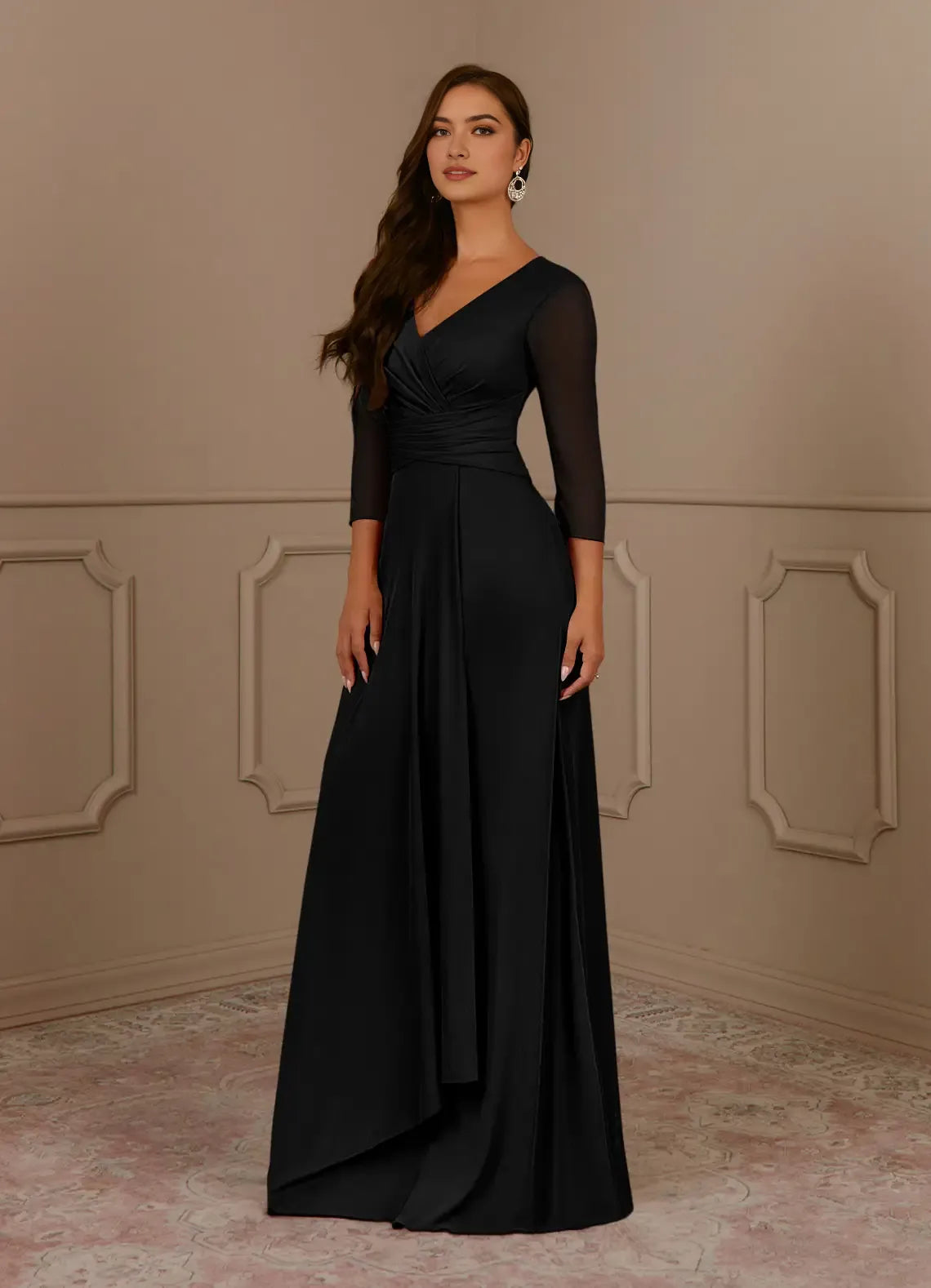Black A-Line V-Neck Pleated Mother of the Bride Dress V - Neck Sheer 3/4 Sleeves Ruched BodiceAsymmetric Flowy Skirt
