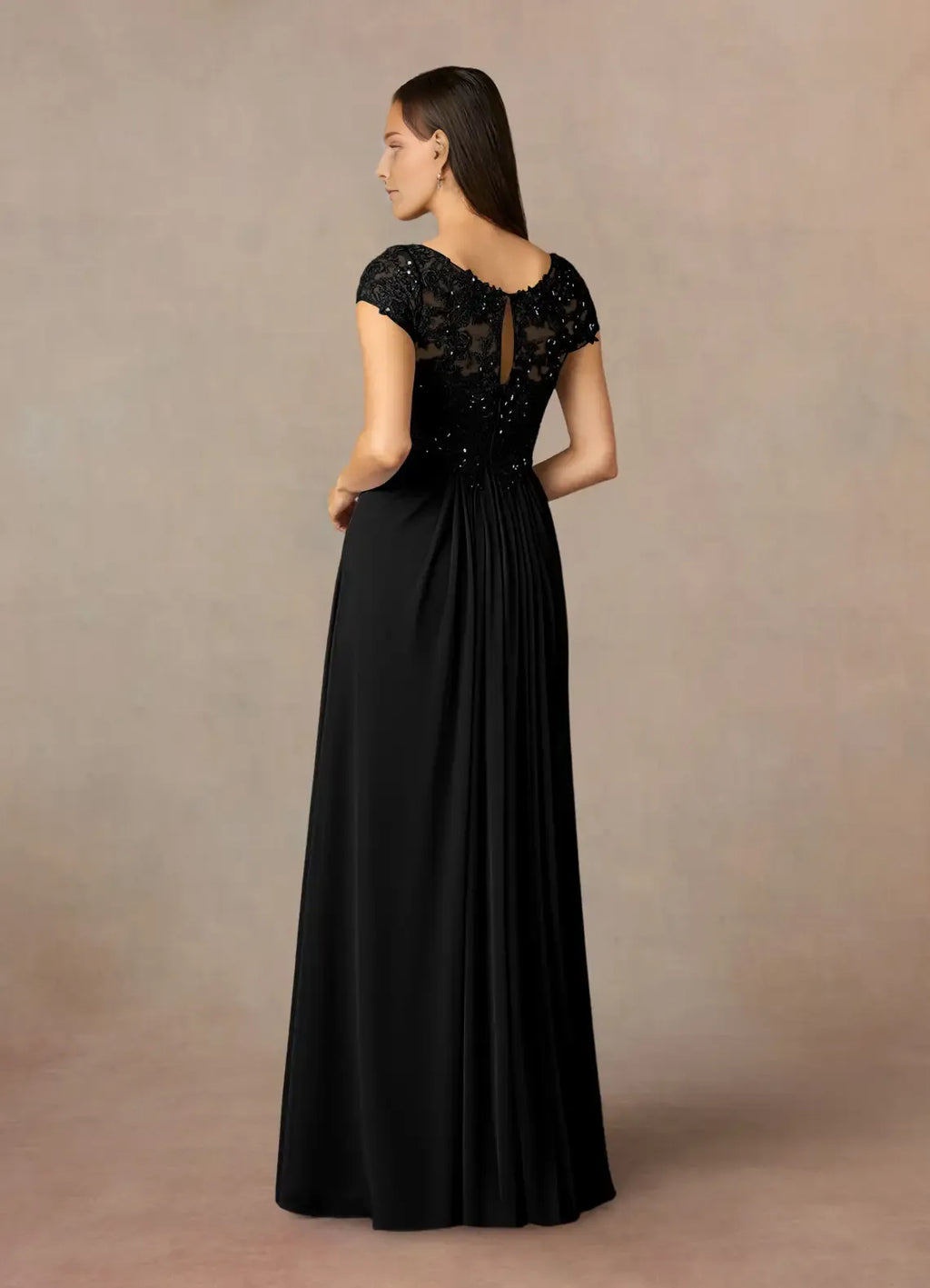 Black A-Line V-Neck Mother of the Bride Dress with Cap Sleeves Bodice and Flowy Skir