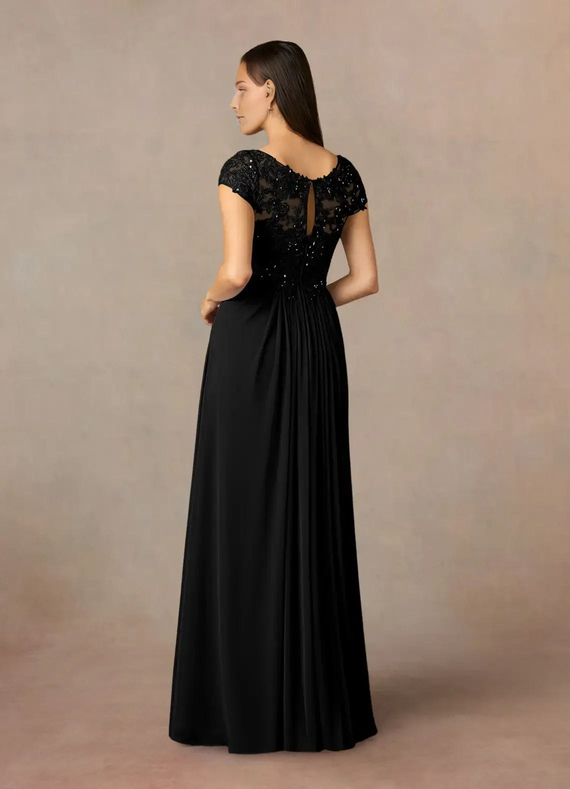 Black A-Line V-Neck Mother of the Bride Dress with Cap Sleeves Bodice and Flowy Skir