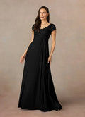 Black A-Line V-Neck Mother of the Bride Dress with Cap Sleeves Bodice and Flowy Skir