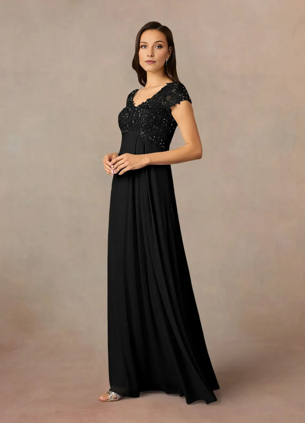 Black A-Line V-Neck Mother of the Bride Dress with Cap Sleeves Bodice and Flowy Skir