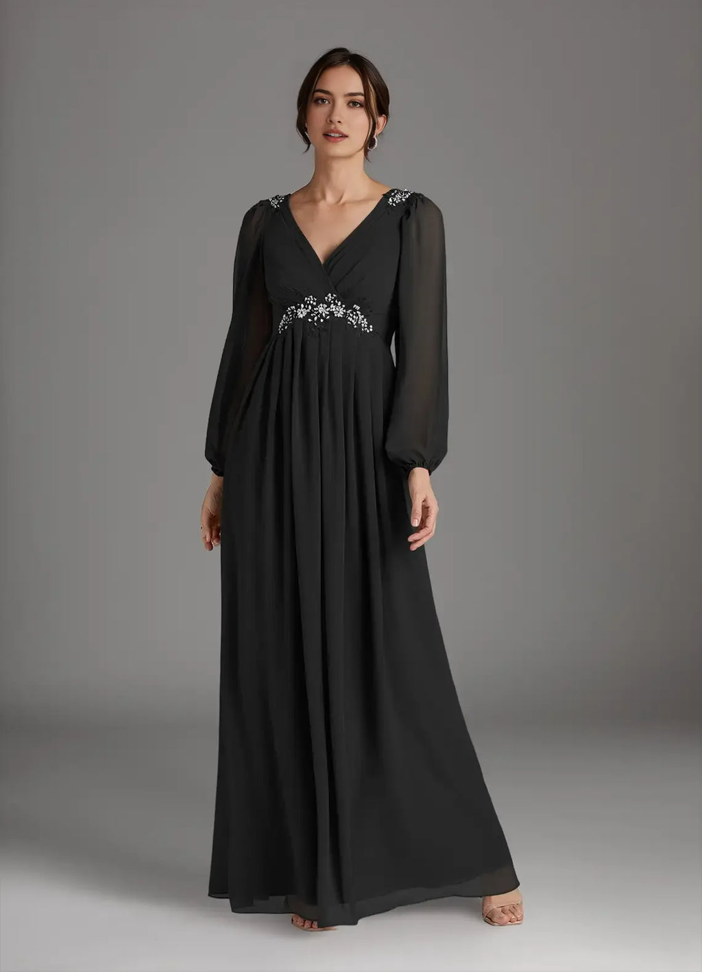 Black A-Line V-Neck Sequins Hot Sale Mother of the Bride Dress Plunging Sheer Long Sleeves Embellishments