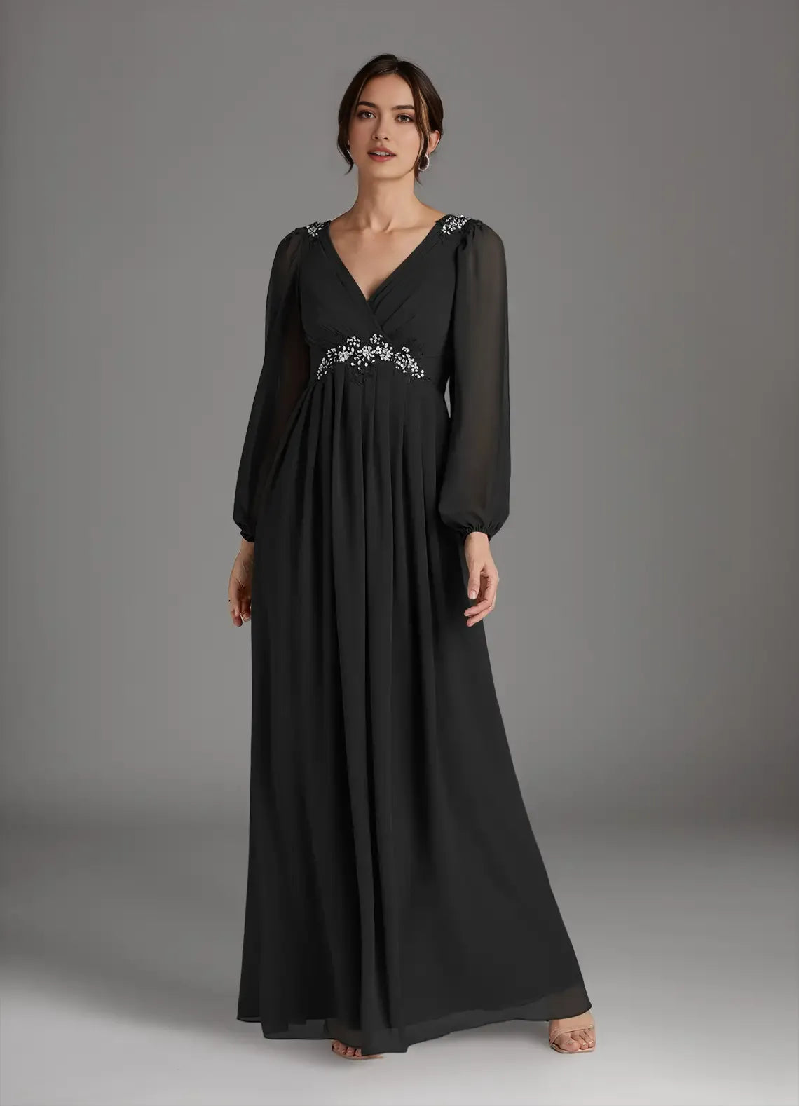 Black A-Line V-Neck Sequins Hot Sale Mother of the Bride Dress Plunging Sheer Long Sleeves Embellishments
