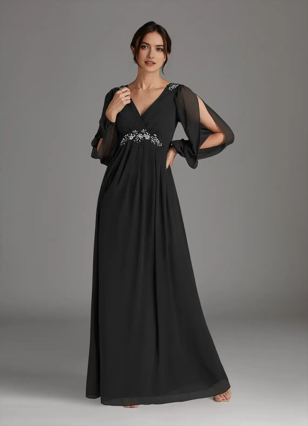 Black A-Line V-Neck Sequins Hot Sale Mother of the Bride Dress Plunging Sheer Long Sleeves Embellishments