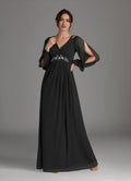Black A-Line V-Neck Sequins Hot Sale Mother of the Bride Dress Plunging Sheer Long Sleeves Embellishments