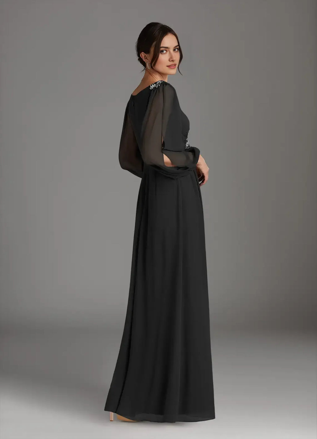 Black A-Line V-Neck Sequins Hot Sale Mother of the Bride Dress Plunging Sheer Long Sleeves Embellishments
