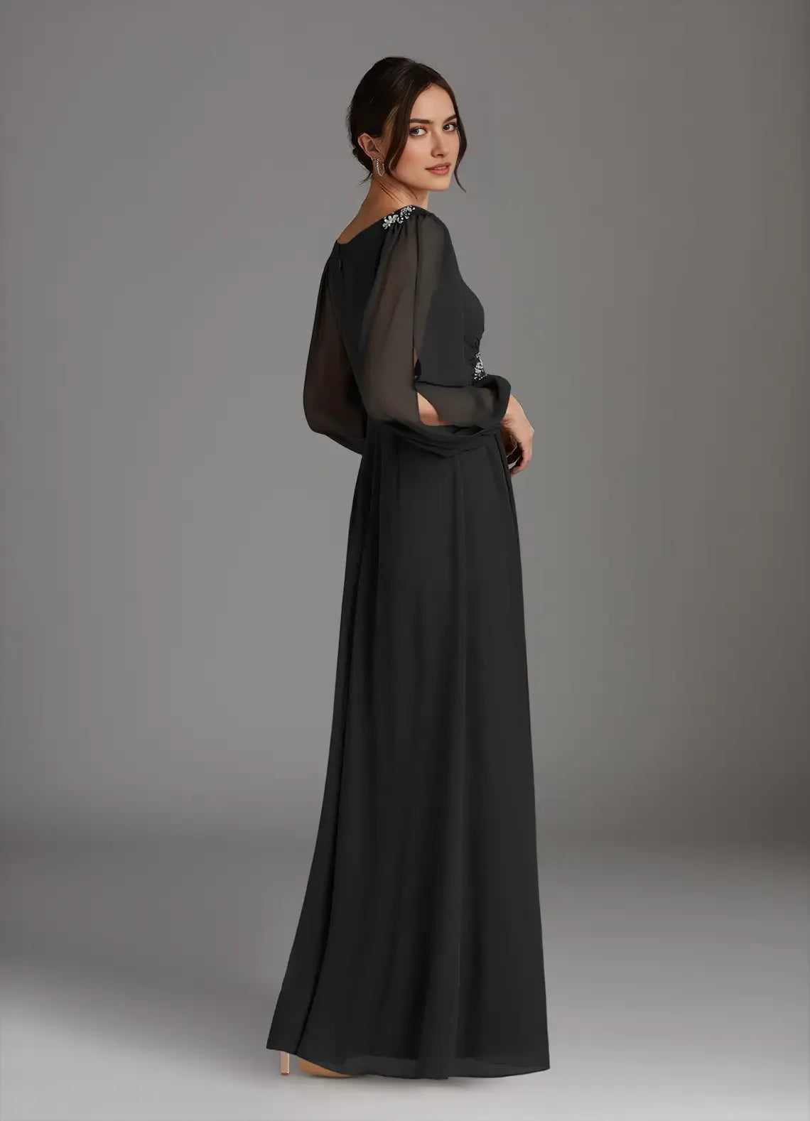 Black A-Line V-Neck Sequins Hot Sale Mother of the Bride Dress Plunging Sheer Long Sleeves Embellishments